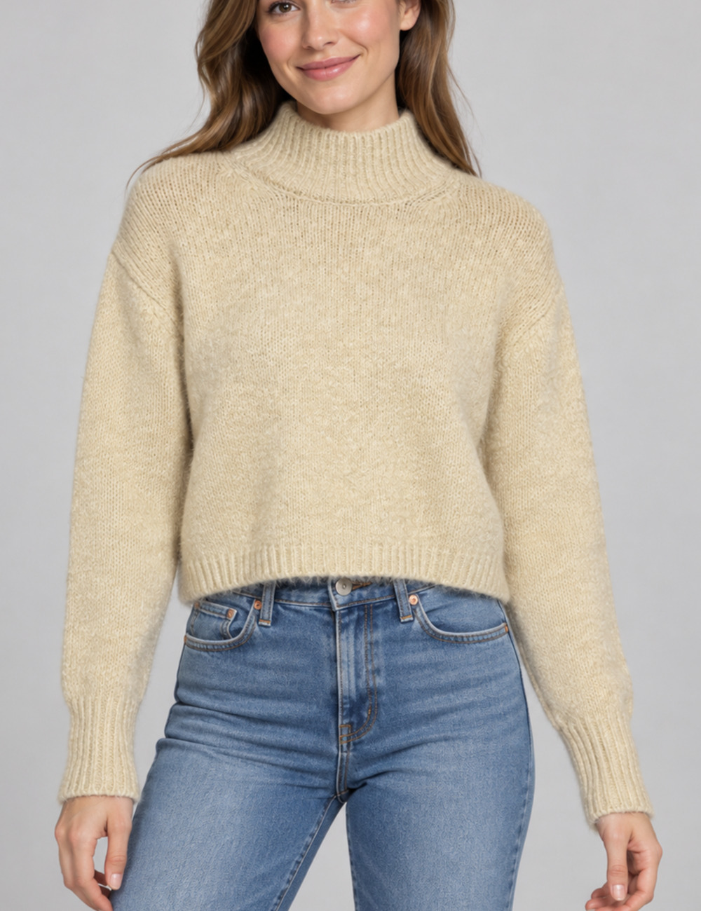 Zara Womens M Cream Cropped Mock Neck Sweater Alpaca Wool Blend Knit Cottagecore